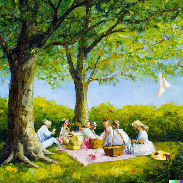 DALL·E 2 painting of a group of friends having a picnic under shady trees