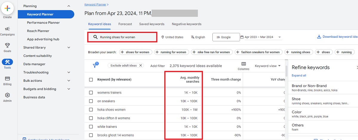 Keyword volume by Keyword planner.