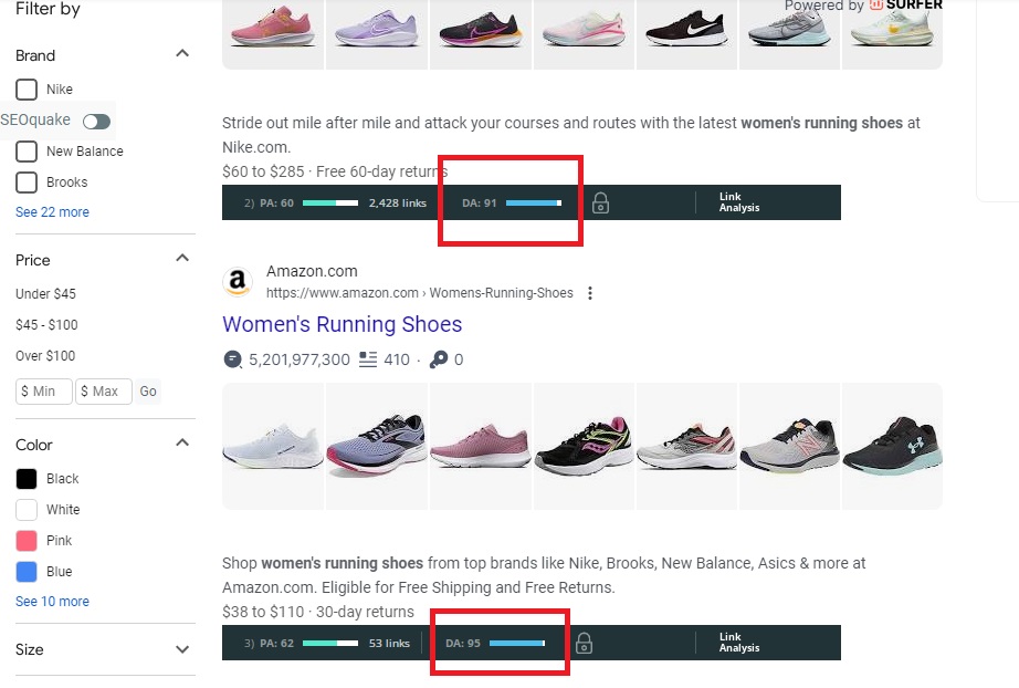 SERP of "Running shoes for women"