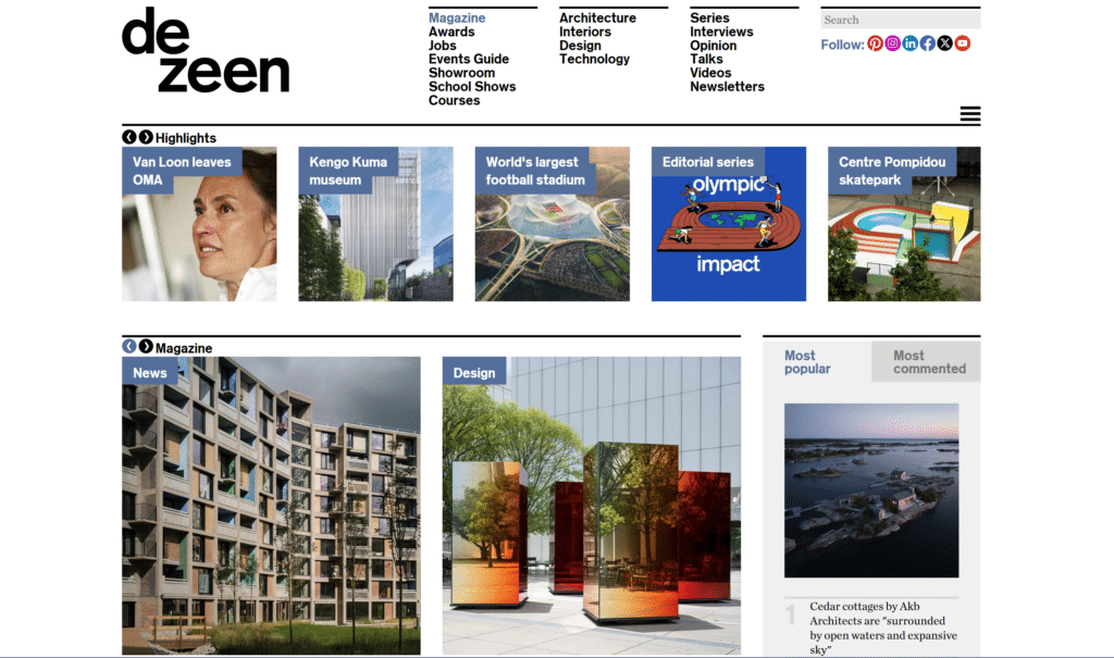 interior design websites - dezeen homepage screenshot